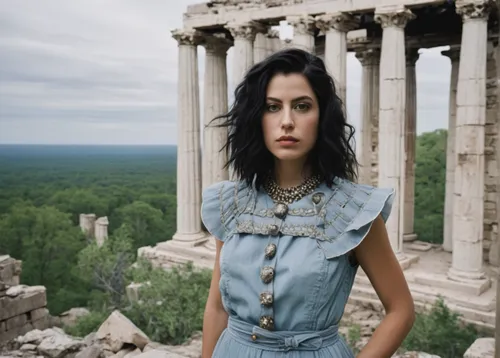 greek temple,ancient greek temple,denim background,roman ruins,girl in a historic way,ruins,denim jumpsuit,neoclassic,temples,photo session in torn clothes,classical antiquity,miss circassian,vintage clothing,girl in overalls,artemis temple,neoclassical,parthenon,temple of diana,marble palace,ruin,Photography,Documentary Photography,Documentary Photography 07