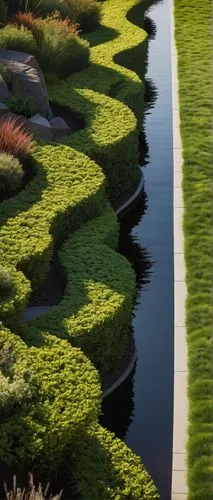 Ethereal landscape architecture, Michael Van Valkenburgh design, modernistic, sleek lines, curved slopes, vibrant green grass, abstract geometric shapes, futuristic sculptures, winding walkways, stepp