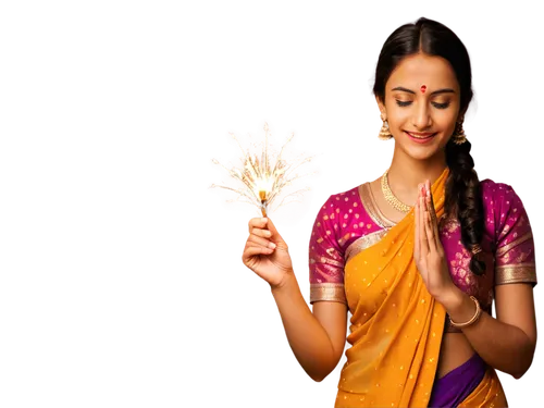 Diwali festival, Hindu celebration, colorful fireworks, bright diyas, sparklers, decorated puja room, Indian lady, traditional saree, bindi, jasmine flowers in hair, gold jewelry, hands holding diya, 