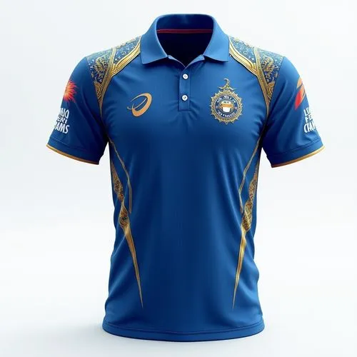 Design a new jersey for Mumbai Indians ipl team with blue colour ,a blue t - shirt with gold details and a logo on it,paltan,thisara,bcci,sarhane,dravidians,sachin tendulkar