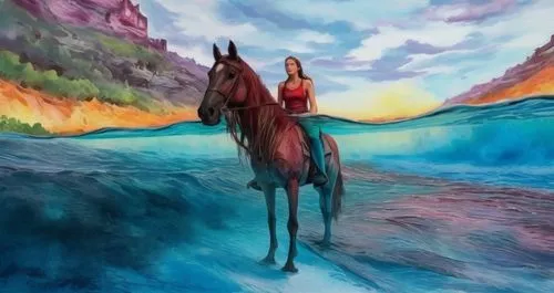 beautiful lady swimming, long hair , white vest in the water, wide view with waterfalls and green forest abanding,a painting of a girl sitting on a horse,painted horse,the spirit of the mountains,moun