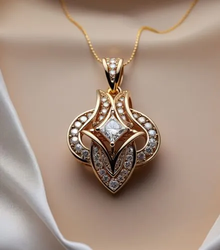 A pendant with  white round diamonds  on the shape ,high quality, high resolution, ultra distills, 8k
,a gold necklace with a fancy diamond center is shown,mouawad,diamond pendant,necklace with winged