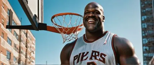 Muscular Shaquille O'Neal, confident smile, shaved head, thick eyebrows, athletic build, sleeveless NBA jersey, loose fit shorts, white sneakers, relaxed posture, leaning against a basketball hoop, ur