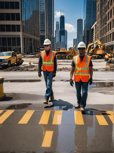 Mid-city engineering Chicago, urban landscape, Willis Tower, modern skyscrapers, bustling streets, daytime, sunny weather, clear blue sky, concrete roads, steel beams, cranes, hard hats, construction 