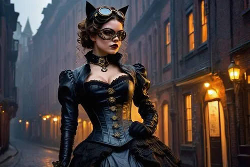 Steampunk, catwoman, solo, (25yo), beautiful detailed eyes, sharp eyebrows, whiskers, pointed ears, curly brown hair, intricate gears and clockwork makeup, leather corset, brass buttons, layered skirt