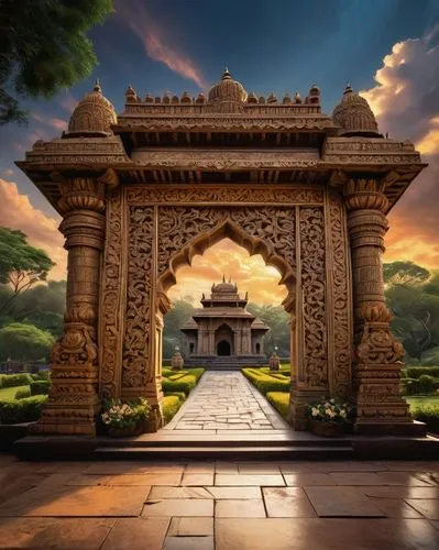 Torana gate, ancient Indian temple entrance, intricately carved stone walls, ornate sculptures, majestic pillars, symmetrical composition, warm golden lighting, subtle shadows, lush greenery surroundi