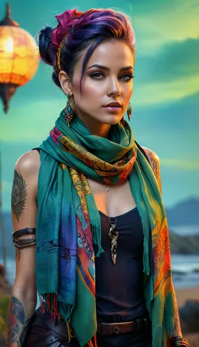 fae,tattoo girl,fantasy portrait,celtic queen,violet head elf,sorceress,fantasy picture,heroic fantasy,dusk background,horoscope libra,fantasy art,portrait background,colorful background,fantasy woman,scarf,elven,rosa ' amber cover,steampunk,female warrior,monsoon banner,Conceptual Art,Fantasy,Fantasy 15