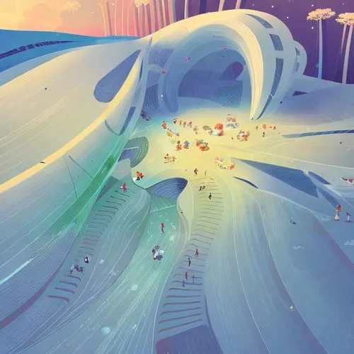 futuristic landscape,panoramical,sci fiction illustration,futuristic art museum,futuristic architecture,concept art,alien world,bottleneck,sky space concept,supersonic transport,snow slope,fairy world