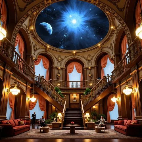 cochere,planetarium,ornate room,starscape,dreamfall,ballroom,neverland,sanctum,photosphere,staircases,frederic church,chhatris,staircase,dreamhouse,stargates,myst,sansar,holodeck,dandelion hall,musical dome