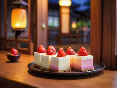 Anime-style, Japanese dessert shop, colorful, sweet treats, cheesecake with strawberry topping, whipped cream, cherry on top, glass case, wooden table, Japanese-style lantern, traditional sliding door