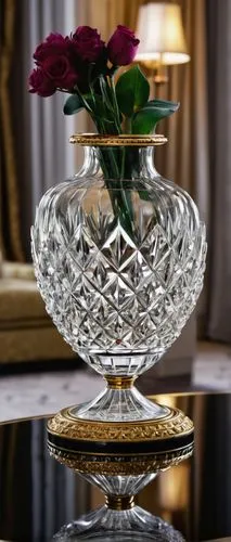 Baccarat crystal, luxurious vase, intricate cut, sparkling reflection, ornate gold trim, delicate handle, round body, flared rim, transparent glass, polished metal base, modern interior design, upscal