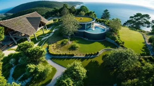 grass ,a bird - eye view of a house and its surrounding landscape,lefay,holiday villa,uluwatu,pool house,resort,bird's-eye view,amanresorts,infinity swimming pool,summerland,bendemeer estates,golf res