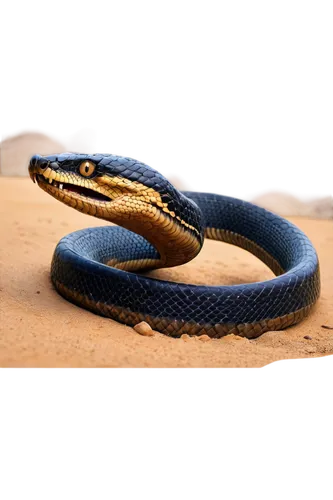 Egyptian cobra, coiled body, scaly skin, forked tongue, venomous eyes, black and brown patterns, hissing sound, desert sand, ancient ruins, golden lighting, low-angle shot, shallow depth of field, war