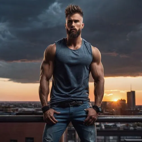 Muscular man, Chad, athletic build, short spiky hair, strong facial features, bold eyes, subtle beard, sleeveless shirt, ripped jeans, sneakers, confident posture, standing, urban rooftop, cityscape, 