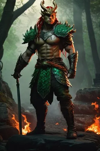 Dragonborn, fantasy character, green scales, fiery red hair, long braids, tied with golden threads, intricate horned headpiece, glowing embers, smoky eyes, bold eyebrows, muscular build, ripped chest,