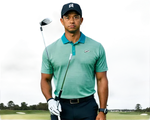 male golfer, Tiger Woods, solo, (40yo), serious expression, sunglasses, short black hair, Nike golf cap, polo shirt, golf glove, holding golf club, standing, athletic build, green grass, cloudy sky, p