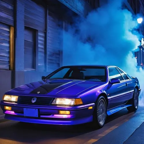 The sleek, metallic body of a 1990s car glides through the city streets, leaving a trail of blue smoke behind. The vehicle's engine roars as it navigates through the dark voids, leaving a trail of dus