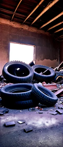 Demolished building, destruction scene, dusty atmosphere, broken bricks, shattered glass, twisted metal beams, abandoned machinery, worn-out tires, rubble piles, dramatic lighting, low-angle shot, cin