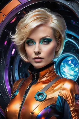 In a vibrant and colorful spacecraft, a mature woman with short blonde hair, eyeliner, eyeshadow, and a fusion of colors. She wears an orange spacesuit, made of plastic and a metallic sheen, partially