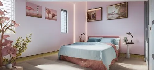 Create a sketch-style rendering of a playful and cozy child’s bedroom for a young girl. The room should feature a small bed with colorful bedding in soft pastels like pink, lavender, or mint green, wi