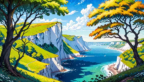 white cliffs,coastal landscape,chalk cliff,cliffs,gower,limestone cliff,travel poster,cliffs ocean,the cliffs,dorset,cliffs of etretat,cliff coast,durdle door,jurassic coast,new zealand,tasmania,cliff top,bay of islands,exmoor,mountain and sea,Anime,Anime,Traditional