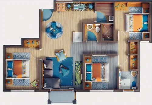 an overhead view of a typical three bedroom floor plan,an apartment,shared apartment,apartment,habitaciones,floorplan home,dorm,Anime,Anime,General