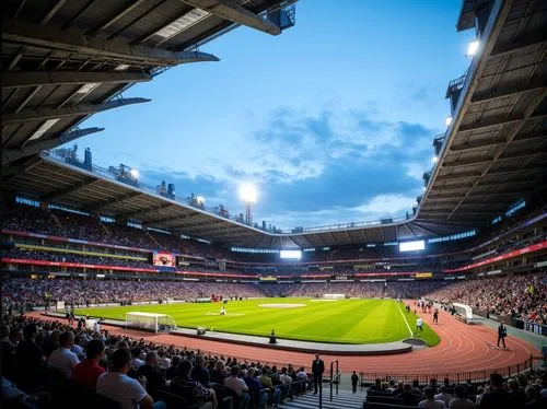 Dynamic football stadium, angular steel beams, cantilevered roofs, futuristic architecture, vibrant team colors, sleek modern design, tiered seating, lush green grass, athletic tracks, floodlighting, 