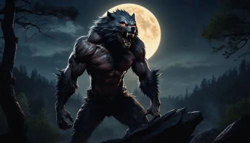 Muscular werewolf, full moon, transformation, howling at sky, ripped shirt, furry chest, claws, sharp teeth, glowing eyes, aggressive pose, standing on rock, misty forest, midnight, dark atmosphere, d