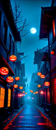 halloween background,halloween wallpaper,lanterns,halloween scene,retro halloween,garrison,mid-autumn festival,street lantern,lantern string,halloween ghosts,neon ghosts,halloween illustration,halloweenkuerbis,hanoi,kyoto,alley,alleyway,halloween poster,chinatown,digital,Conceptual Art,Sci-Fi,Sci-Fi 26