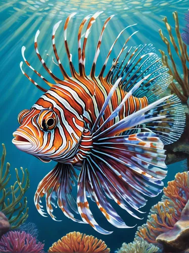 marine fish,lionfish,lion fish,underwater fish,sea animal,coral fish,beautiful fish,marine animal,ornamental fish,coral reef fish,tropical fish,porcupine fishes,sea life underwater,fish in water,pterois,napoleon fish,sea raven,blue stripe fish,nemo,fighting fish,Illustration,Realistic Fantasy,Realistic Fantasy 41