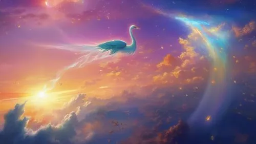 unicorn background,constellation swan,fantasy picture,fantasia,bird in the sky,full hd wallpaper,celestial,rainbow clouds,astral traveler,dolphin background,fantasy landscape,bird of paradise,3d fanta