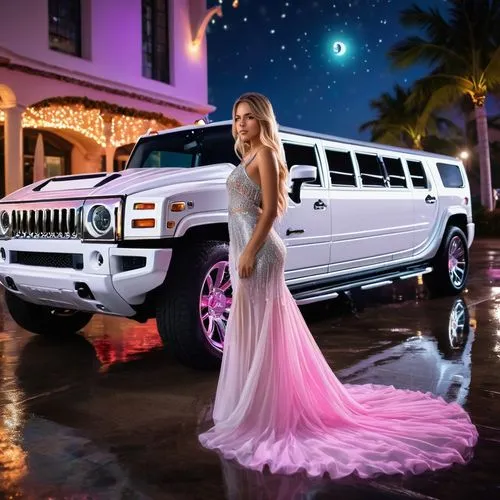 A stunning Miami party girl in silver dress in front of A stunning 3D render of a pink Hummer stretch limousine, featuring at the rear a unique swimming pool at the rear instead of a trunk. The limo i