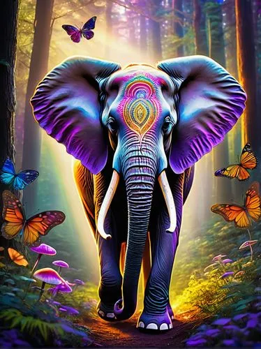 Vibrant psychedelic elephant, colorful swirling patterns on body, large ears with glowing purple edges, long curved tusks, shimmering silver eyes, glittering rainbow mane, ornate golden headdress, sta