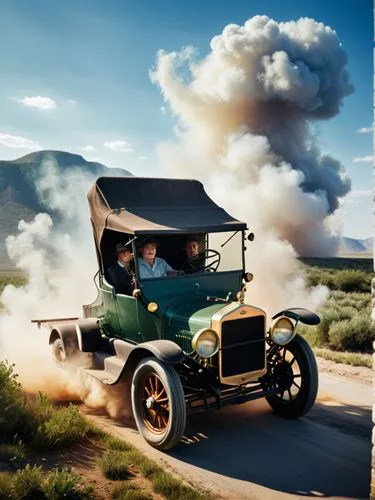 The Ford (Model T) chugs through a Texan landscape, its dark green exterior reflecting the bright sunlight. Mrs. Clara Jane Ford is at the center of the action. The intricate details of the old car im