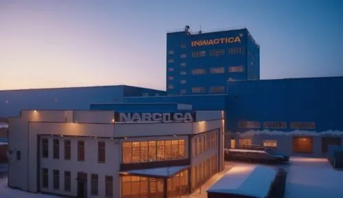 Factory, snow and sunrise, mountain background, blue facade.,arcelormittal,amdocs,amcor,ameritech,microtel,amerco,enernoc,pharmaceutica,stmicroelectronics,energoatom,vantaa,akzonobel,sinfonica,alrosa,