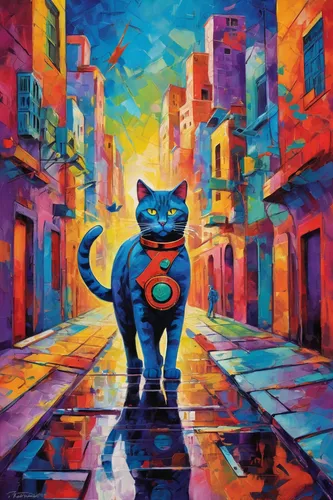 cat on a blue background,alley cat,cat european,colorful city,street cat,figaro,cartoon cat,bombay,cat,aegean cat,red cat,nyan,rescue alley,albuquerque,the cat,katz,antigua guatemala,tuscan,guanajuato,oil painting on canvas,Conceptual Art,Oil color,Oil Color 25