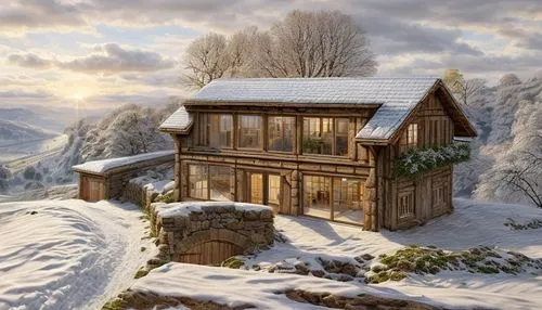 platziere einen Mensch in Rückenansicht im Vordergrund des Bildes mit Blick auf das Gebäude,winter house,log cabin,the cabin in the mountains,mountain hut,log home,wooden house,house in mountains,snow