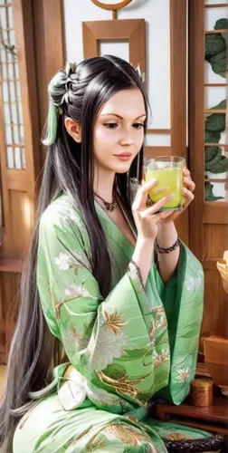 Beautiful demon girl with black tattoes, long brown hair having a japanese green tea ritual. Looking confident.  Background is a traditional japanese room. ,tea ceremony,tea zen,maojian tea,japanese t