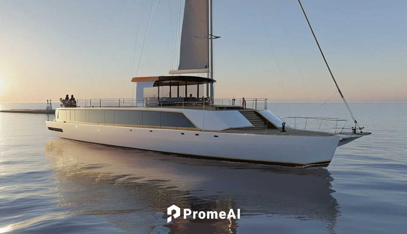 a sleek yacht with sleek lines and modern design sails effortlessly through the horizon. The sun is setting, casting an orange ray of light over the horizon. A small deck filled with a kings deck sail