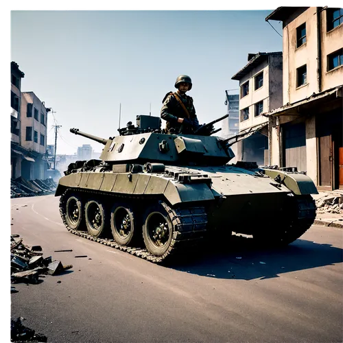 Battlefield scene, war-torn cityscape, destroyed buildings, rubble-strewn streets, military vehicles, tank, soldier in combat uniform, helmet, rifle, bandolier, intense facial expression, gritty textu