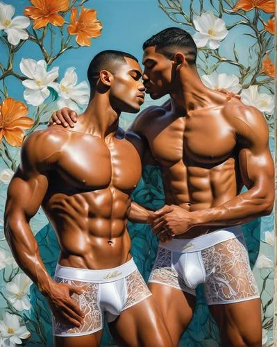 black couple,machos,bodybuilders,gardenias,polykleitos,kiss flowers,Art,Artistic Painting,Artistic Painting 22