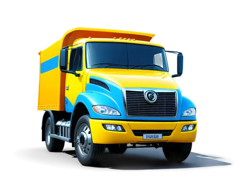 colorful lorry, cartoon style, big wheels, smiling face on front grille, shiny metallic body, bright blue and yellow paint, playful eyes on headlights, dynamic pose, jumping in air, vibrant background