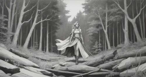 sketch, woman, forestry background, black and white,a woman standing in the middle of a forest,ballerina in the woods,albedo,in the forest,holy forest,elven forest,mirkwood,Illustration,American Style