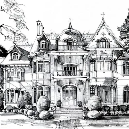 house drawing,mansion,villa balbianello,bendemeer estates,villa,garden elevation,houses clipart,stone palace,hand-drawn illustration,chateau,villa balbiano,witch's house,victorian,manor,victorian hous