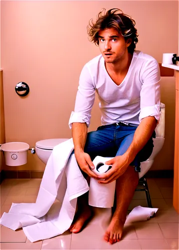 Man, woman, sitting on toilet, embarrassed expression, flushed face, messy hair, casual clothes, white shirt, blue jeans, bathroom slippers, holding toilet paper, awkward pose, close-up shot, soft foc