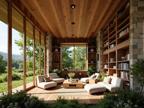 sunroom,clerestory,wooden beams,bookcases,loggia,wooden windows,breakfast room,family room,amanresorts,bookshelves,living room,livingroom,verandah,summerhouse,bohlin,luxury home interior,summer house,cochere,reading room,sitting room