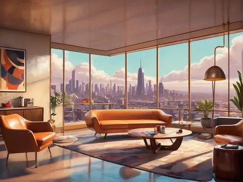 sky apartment,apartment lounge,mid century modern,livingroom,living room,modern living room,apartment,an apartment,modern room,penthouses,sitting room,radiosity,modern decor,appartement,shared apartment,midcentury,loft,mid century,clubroom,futuristic landscape,Illustration,Retro,Retro 12