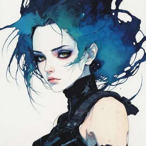 darkness Ergo proxy monad anime android Re-L Mayer riffle ,goth woman,watercolor blue,widowmaker,widow,fashion illustration,goth,blue hair,bluejay,blue enchantress,watercolor,raven girl,amano,gothic w