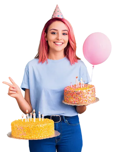 Happy birthday girl, blowing candles, pink hair clips, sparkly eye shadow, bright smile, golden party hat, colorful balloons, cake with candles, holding gift box, arms around friends, casual wear, jea