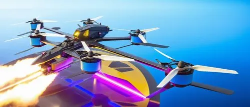 Laser cutter armed drone  firing purplish blue laser. Night. Sleek Aerodynamic ,vtol,drone bee,lightcraft,tiltrotor,jetpacks,drone phantom,helikopter,quadcopter,fire-fighting helicopter,aerotaxi,glide